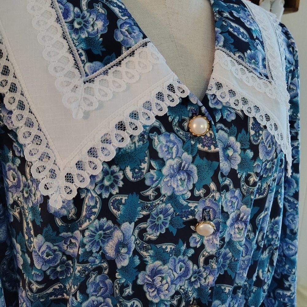 Vintage!Whirlaway Frocks Blue Floral & Paisley Prairie Dress W/Shoulder Pads!